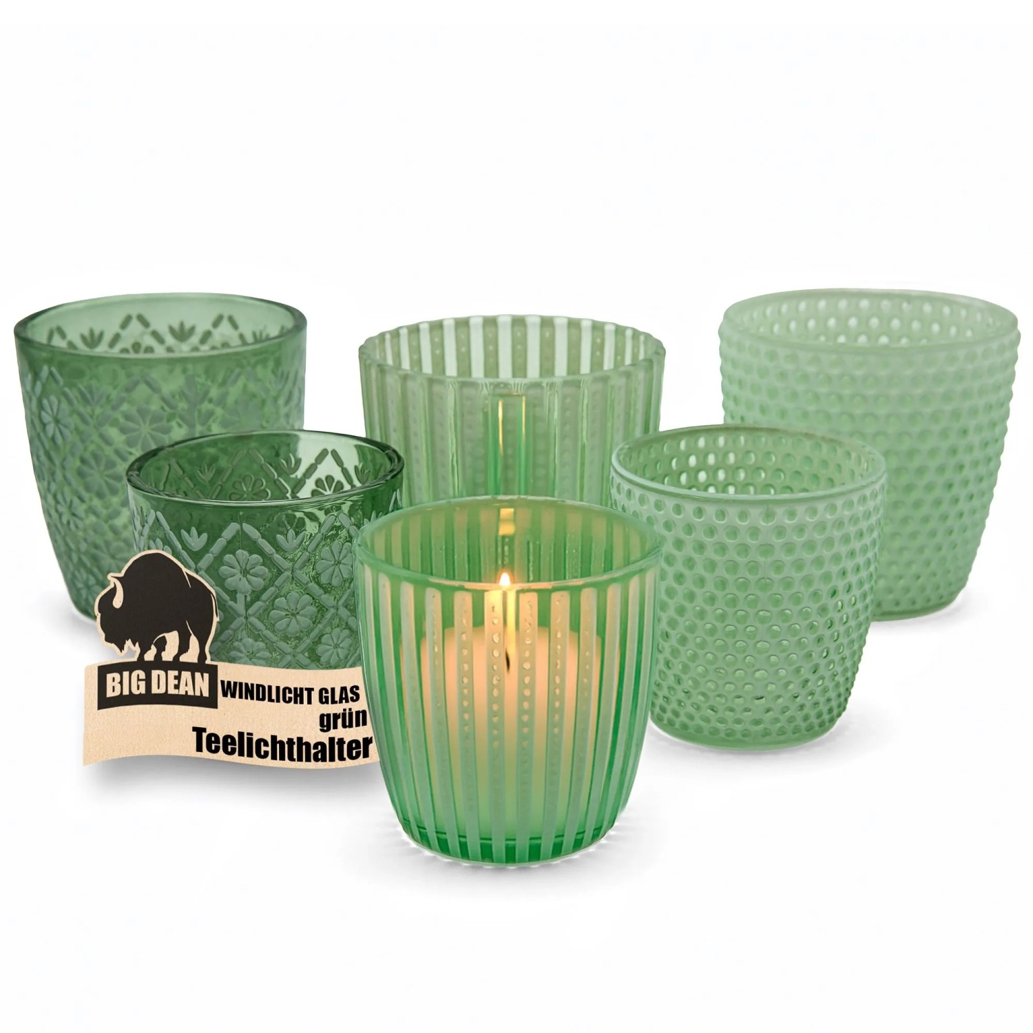 BigDean Windlicht Glas Grün Teelichthalter 6er Set Teelichthalter In 3 Designs Je 2 Größen Windlicht Glas grün Teelichthalter 6er Set Teelichthalter in 3 Designs je 2 Größen