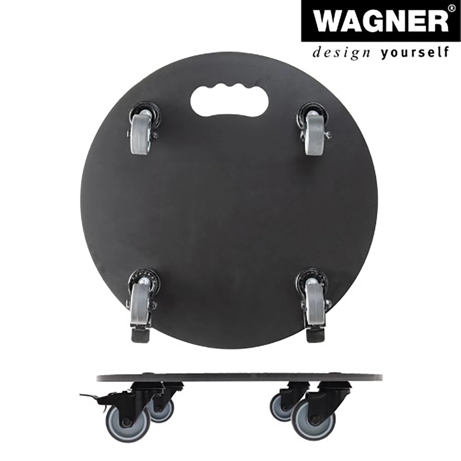 Schwarzer, runder Wagner Pflanzenroller GH 0630 mit Griff und Rollen, Seitenansicht.