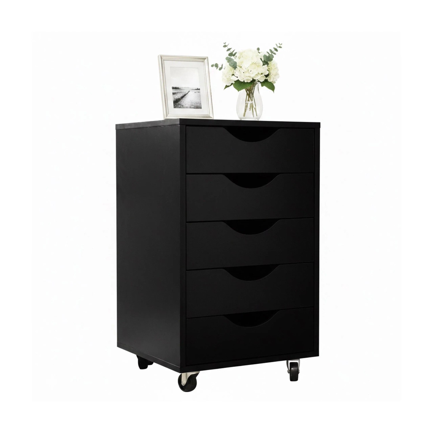Relaxdays Rollcontainer MDF Schwarz mit 5 Schubladen 66,5 cm x 40 cm x 40 cm 17,1 kg