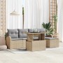 Beiges 6-tlg. vidaXL Garten-Sofa-Set aus Poly Rattan mit Tisch und Kissen.
