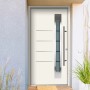 Moderne, weiße Splendoor Thermospace Haustür Berlin Prime mit Edelstahlgriff und Glaseinsatz.