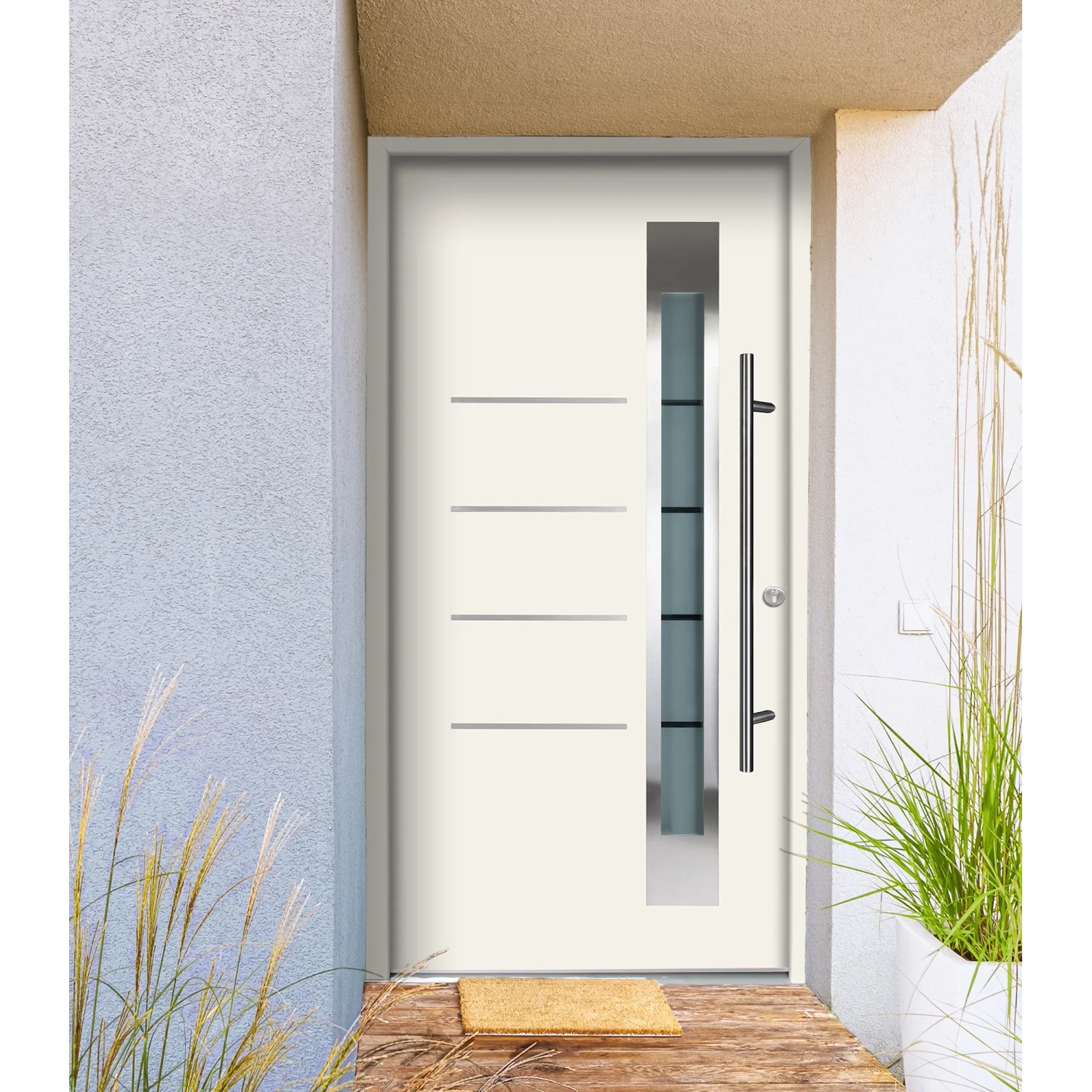 Moderne, weiße Splendoor Thermospace Haustür Berlin Prime mit Edelstahlgriff und Glaseinsatz.
