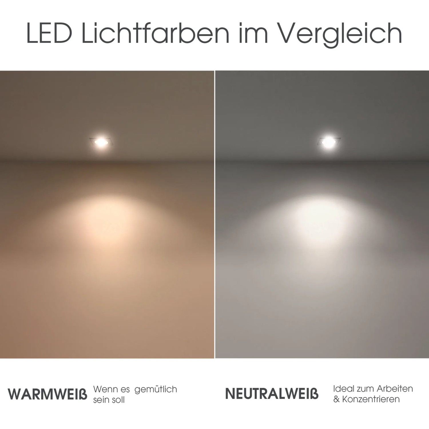 Vergleich: SSC-LUXon LED Einbaustrahler Lichtfarben Warmweiß vs. Neutralweiß.