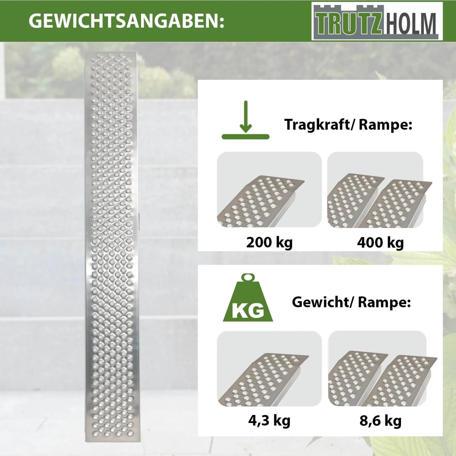 TRUTZHOLM Alu Auffahrrampe, leichte Ausführung, 200x21,5 cm, max. 200kg Tragkraft, Zubehör für Autoanhänger.