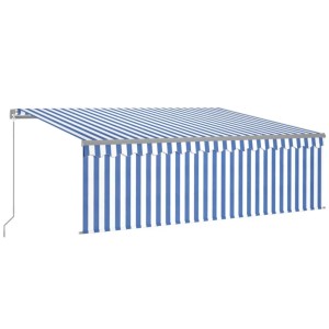 Manuelle vidaXL Markise, 4x3 m, blau-weiß gestreift mit Rollo für Terrasse & Balkon.