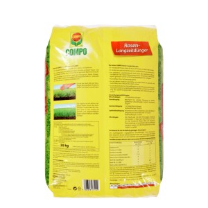 Gelbe Verpackung Compo Rasen-Langzeitdünger, 15 kg für bis zu 600 m² Rasenfläche.