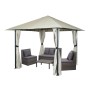Creme-beige Pergola MCW J63 mit Dach, Seitenwänden und Sitzgruppe für Terrasse oder Garten.