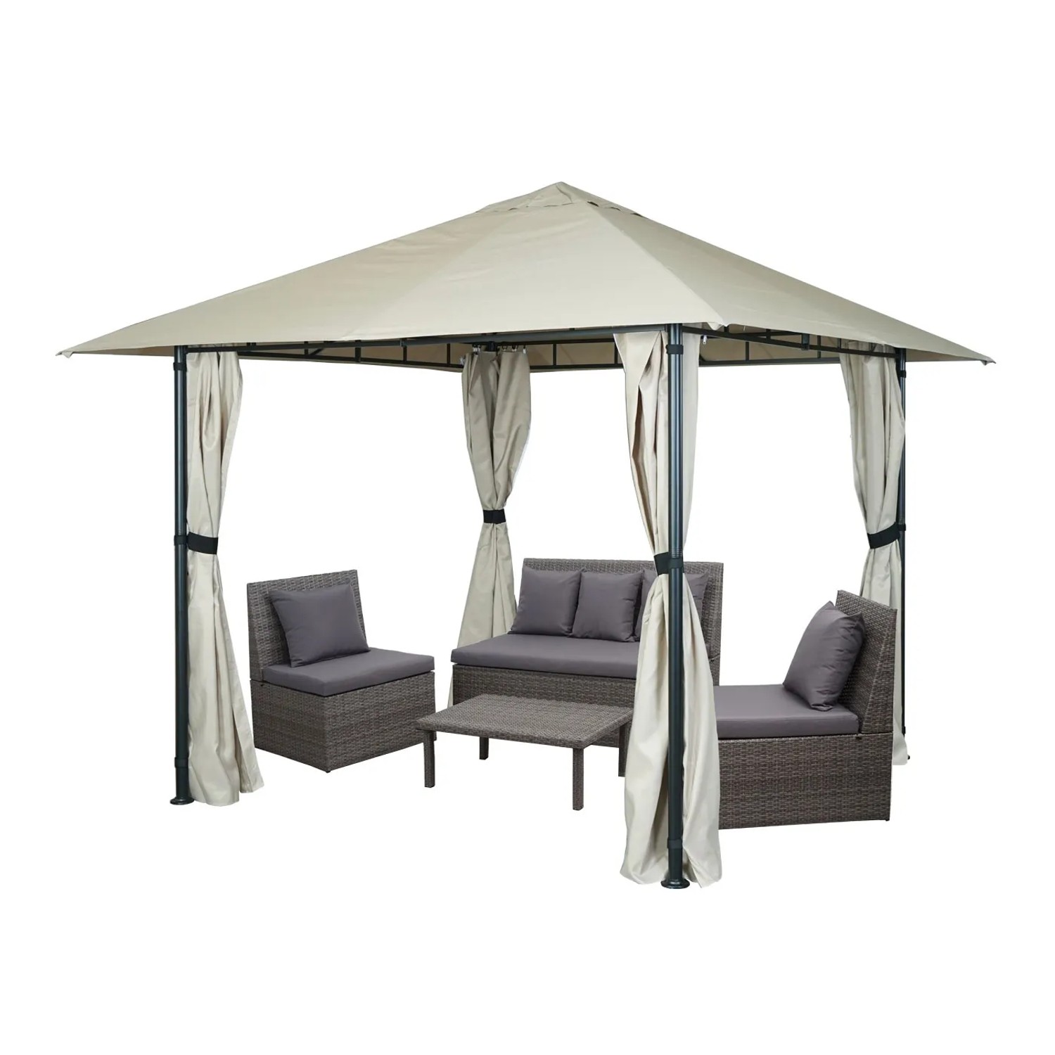 Creme-beige Pergola MCW J63 mit Dach, Seitenwänden und Sitzgruppe für Terrasse oder Garten.