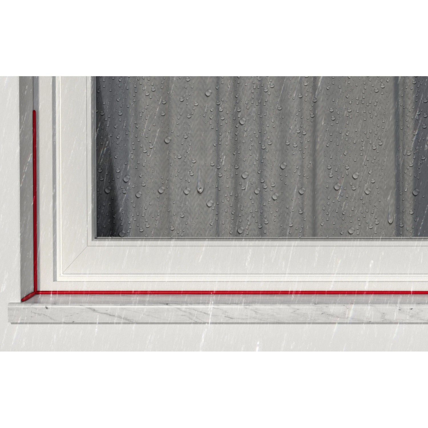 Fenster mit roter Dichtung aus Fischer Bauklebstoff Multi MS White. Dübel für dauerelastische Abdichtung.
