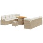 11-teiliges Gartenmöbel Set: Beige Poly Rattan Sofa, Tisch und Hocker mit Kissen.
