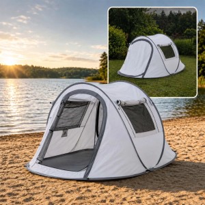 Hellgraues Pop-up Tunnelzelt am Strand, mit geöffnetem Eingang und Moskitonetz-Fenstern. Inset zeigt Zelt auf Wiese. Camping.