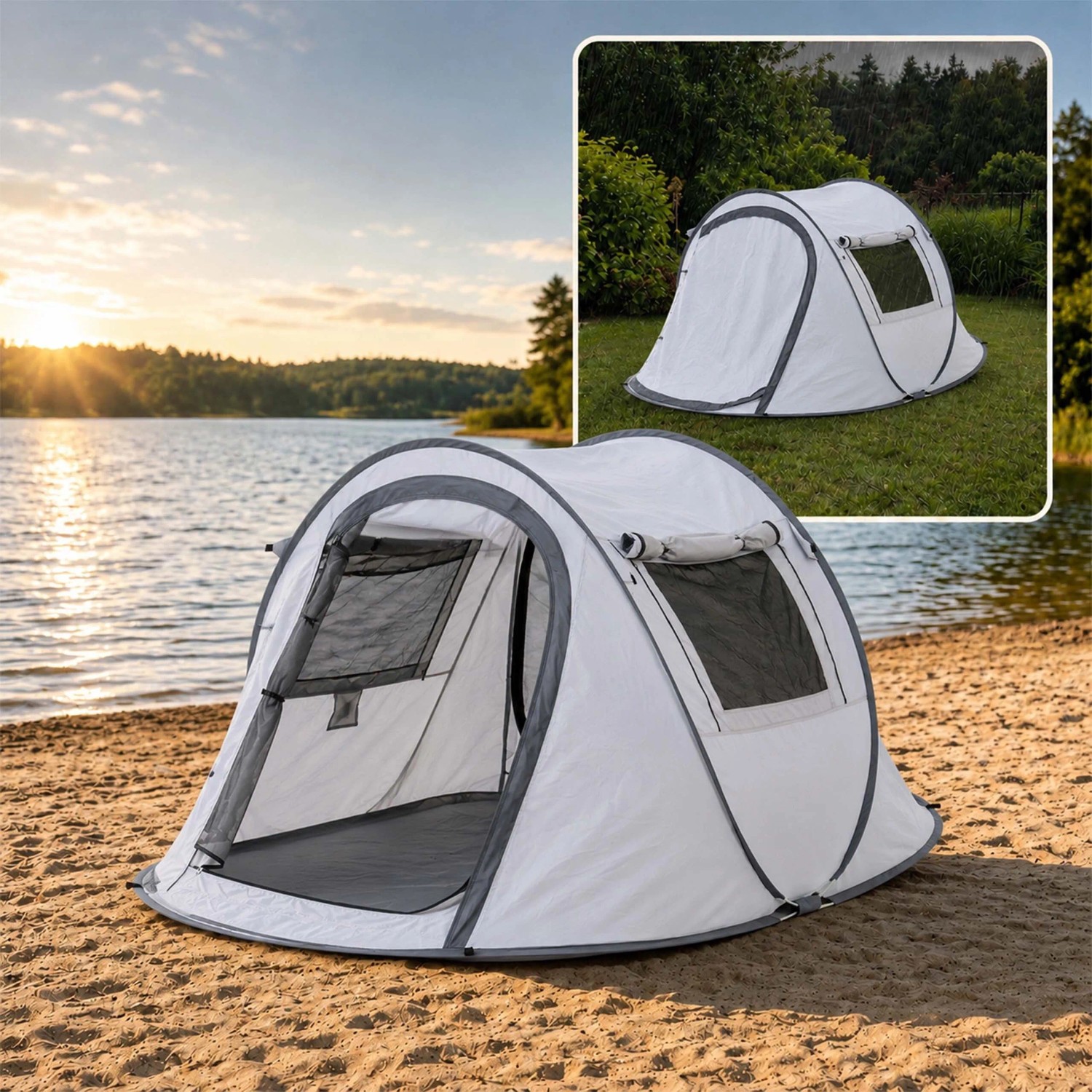 Hellgraues Pop-up Tunnelzelt am Strand, mit geöffnetem Eingang und Moskitonetz-Fenstern. Inset zeigt Zelt auf Wiese. Camping.