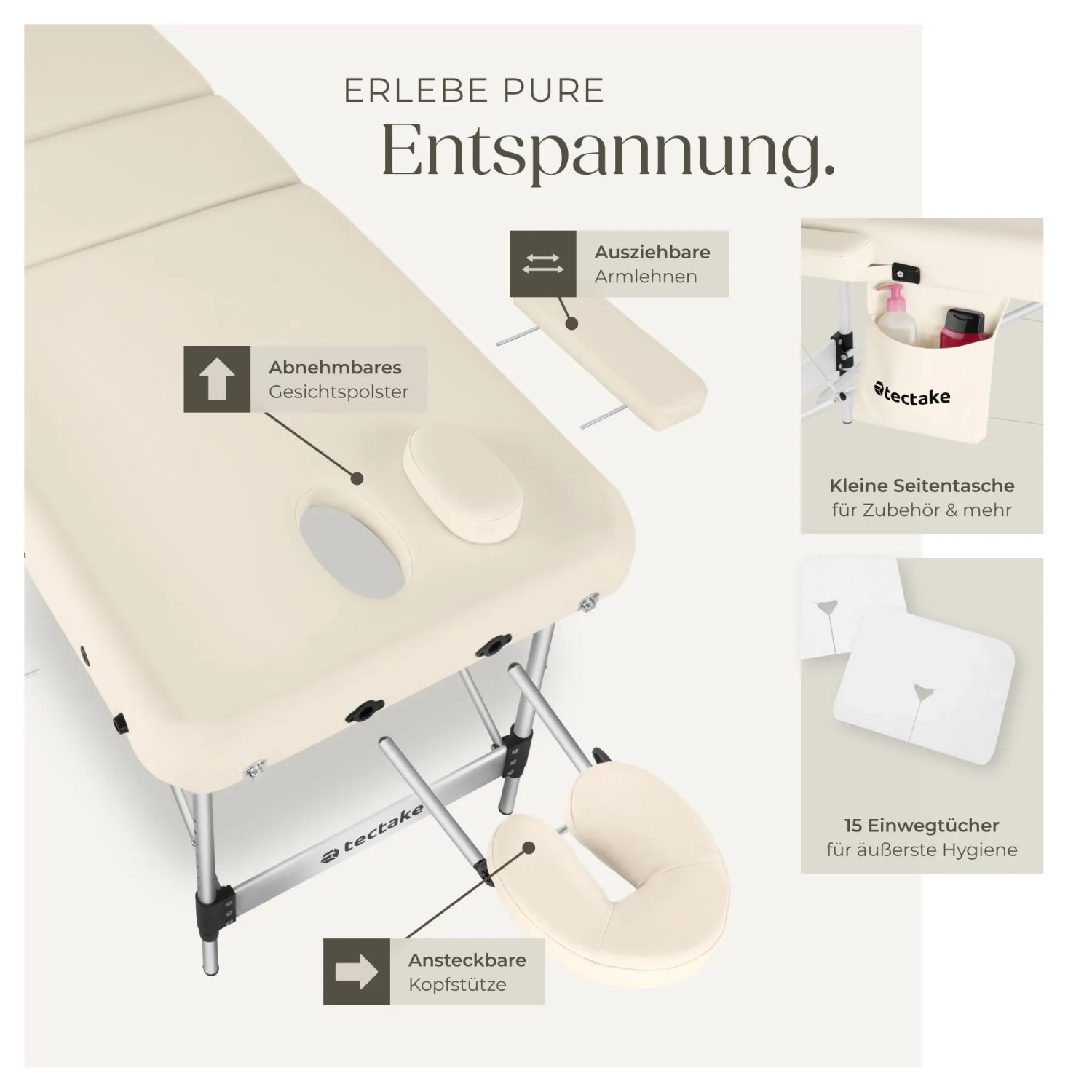 Tectake 3 Zonen Massageliege Phuket Breite 70 cm  Polsterung 5 cm Inklusive Tragetasche und 15 Einwegtücher  212 x 103 x 90 cm Beige_3