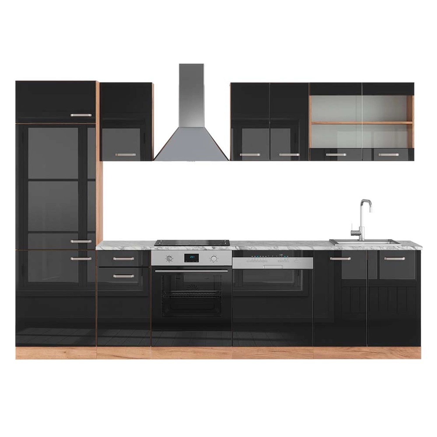 Vicco R-Line Küchenzeile Schwarz Hochglanz/Goldkraft Eiche 300 cm AP Marmor günstig online kaufen