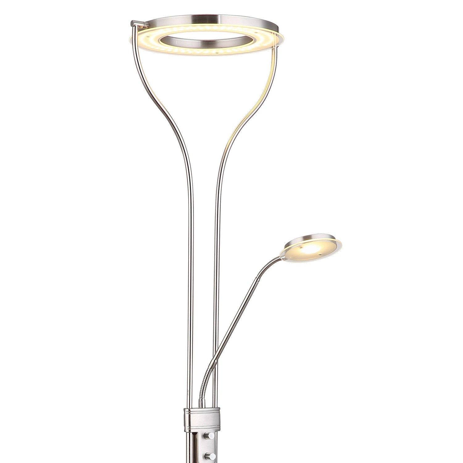 Chromfarbener LED-Deckenfluter Ebro, 194 cm hoch, mit Hauptlicht und flexiblem Leselicht.