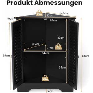 Schwarzer Costway Eckschrank mit Lamellentüren. Maße 63x32x81,5cm, offene Türen zeigen verstellbares Regal.