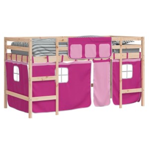 Kinderhochbett aus Kiefernholz mit rosa Vorhängen, 80x200 cm.