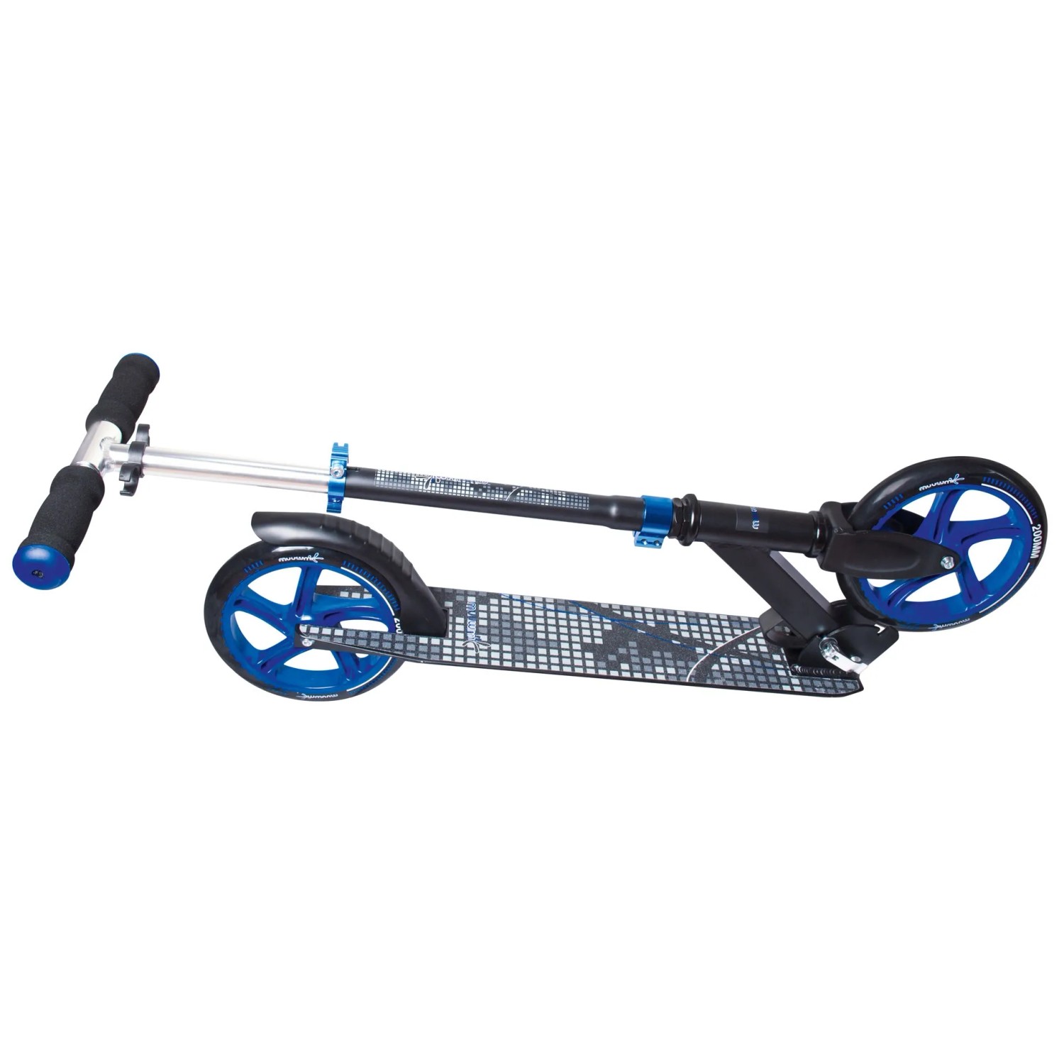 Muuwmi Aluminium Scooter, schwarz-blau, mit 200 mm Rollen und höhenverstellbarem Lenker.