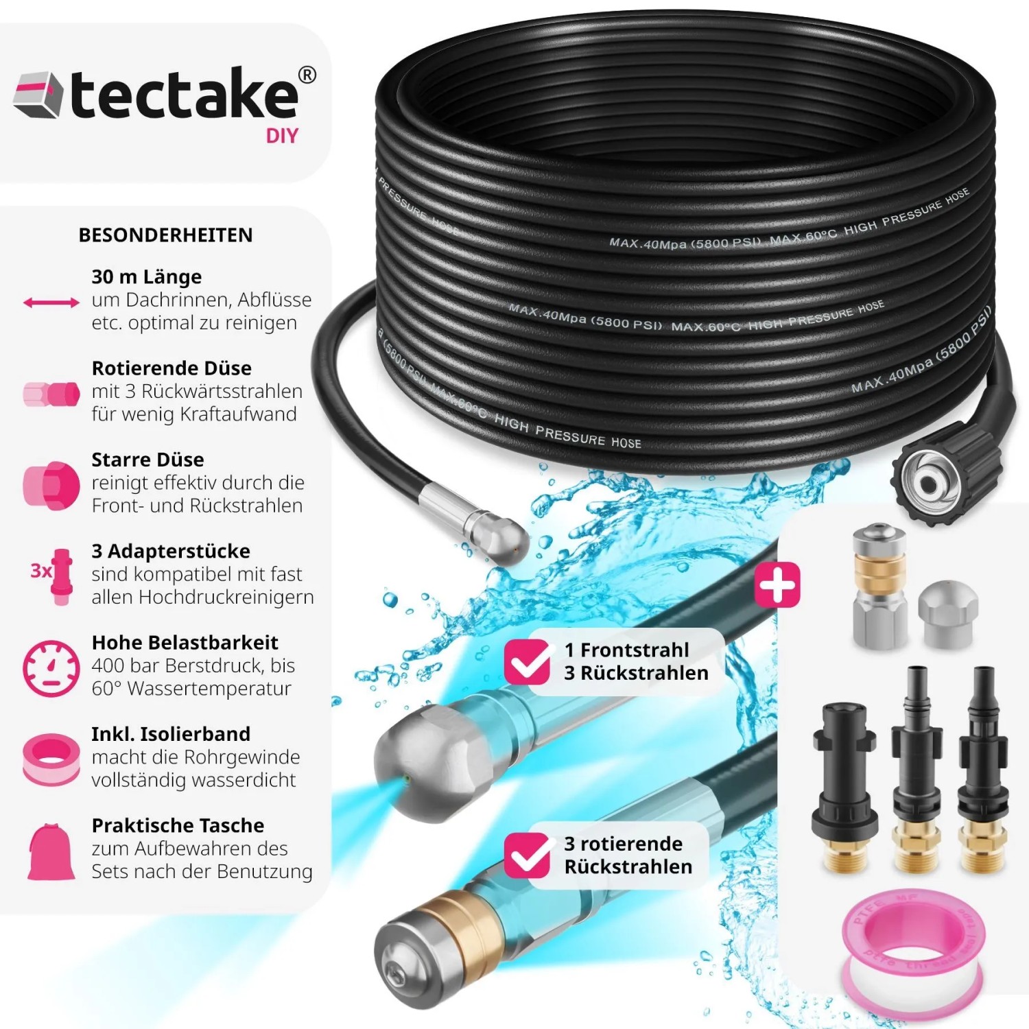 Tectake Rohrreinigungsschlauch Set, 8-teilig mit Düsen und Adaptern für Hochdruckreiniger.