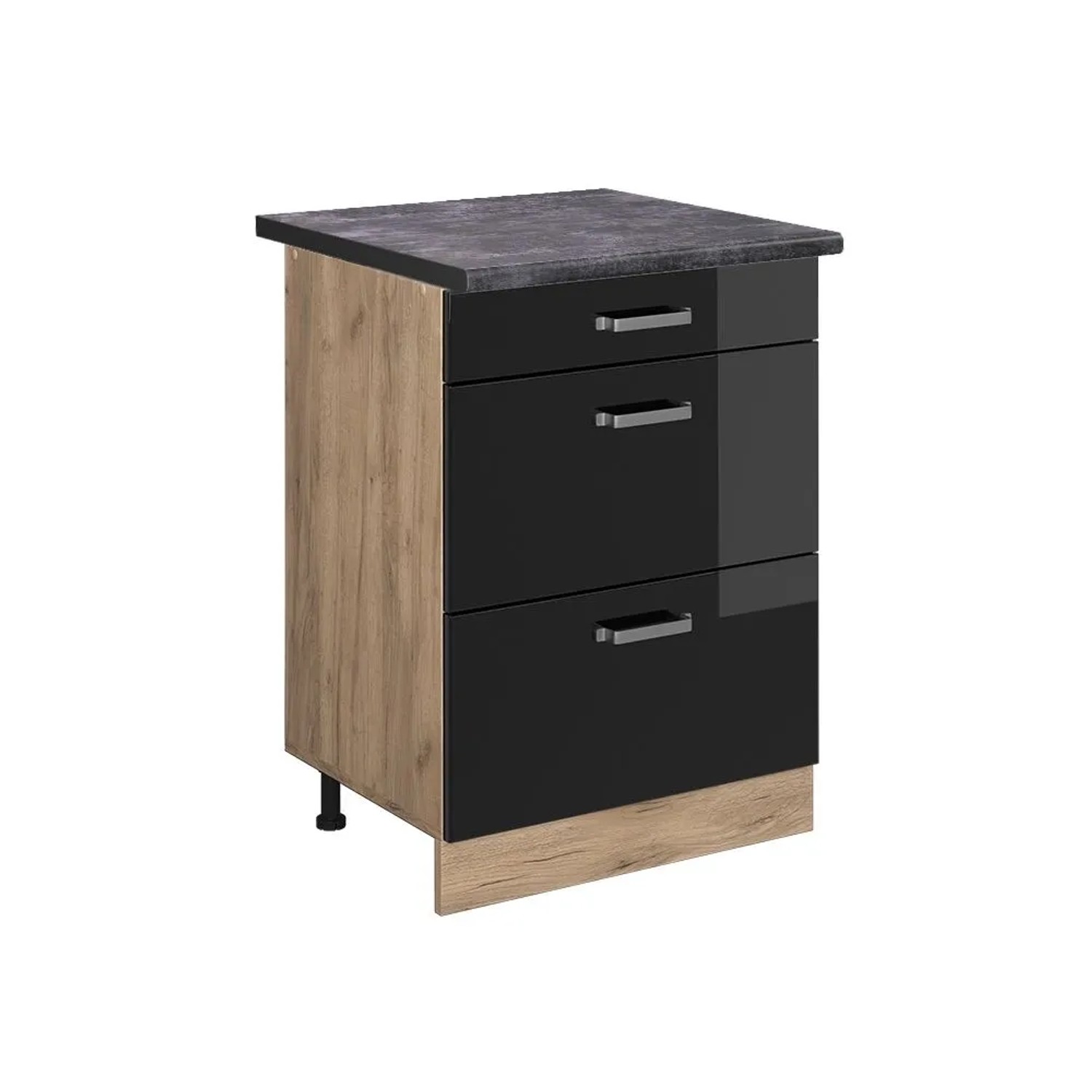Vicco Küchenunterschrank R-Line Schwarz Hochglanz Goldkraft Eiche 60 cm mit Schubladen AP Anthrazit