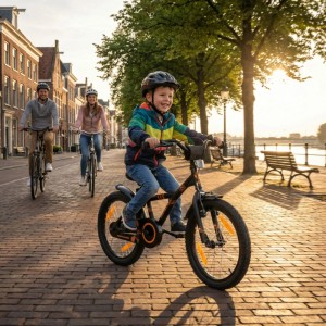 Schwarzes PROMETHEUS Kinderfahrrad 18 Zoll mit Stützrädern für ein Kind mit Familie im Hintergrund.