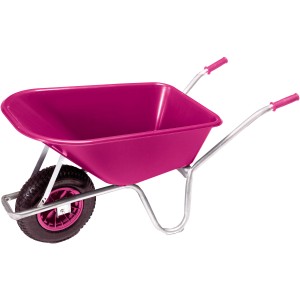 Pinke Gartenschubkarre mit 100 l Mulde und 120 kg Traglast für Gartenarbeiten.