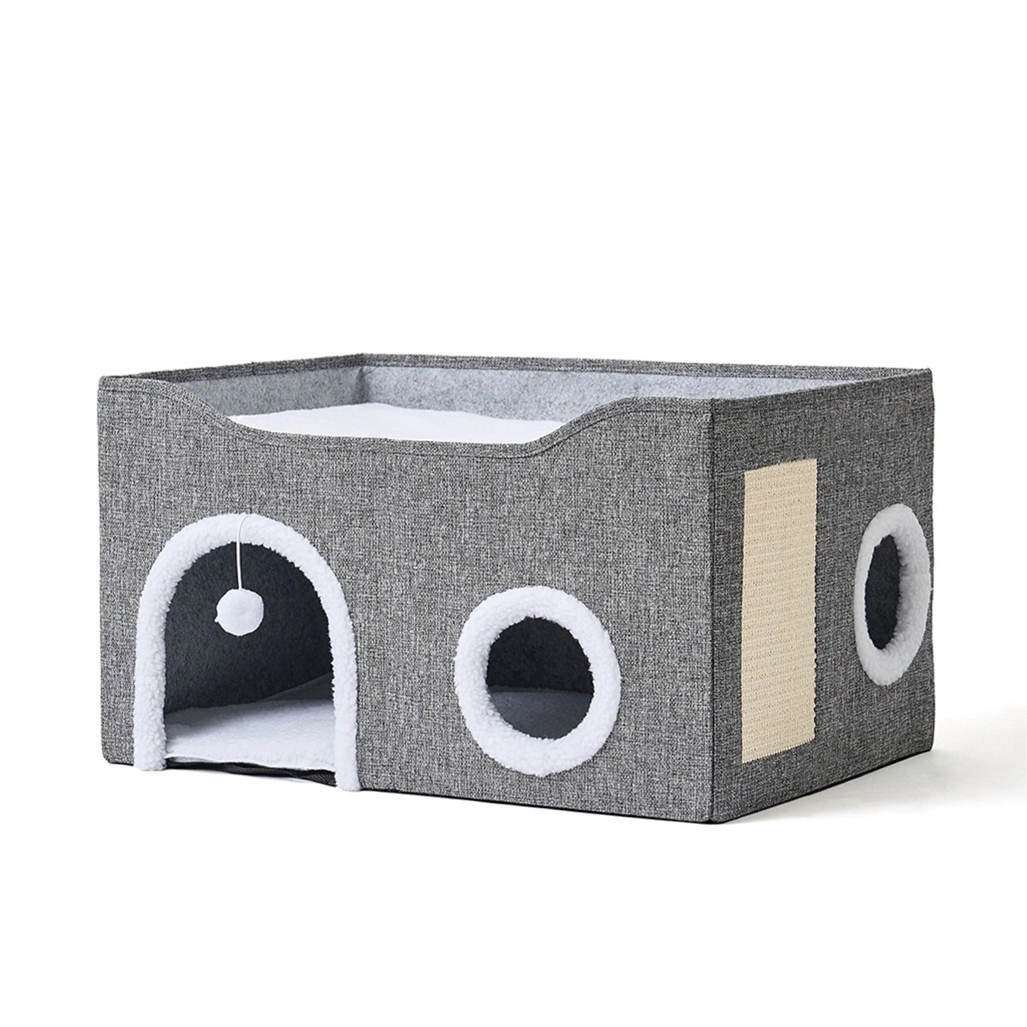 Relaxdays Katzenhöhle Karton Polyester Sisal Grau Faltbar mit Kratzbrett 34 cm x 60 cm x 40 cm