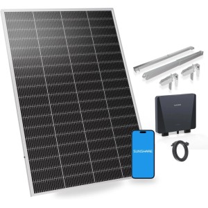 SUNSHARE Balkonkraftwerk 200W mit Solarmodul, Halterung, Wechselrichter und App-Steuerung.