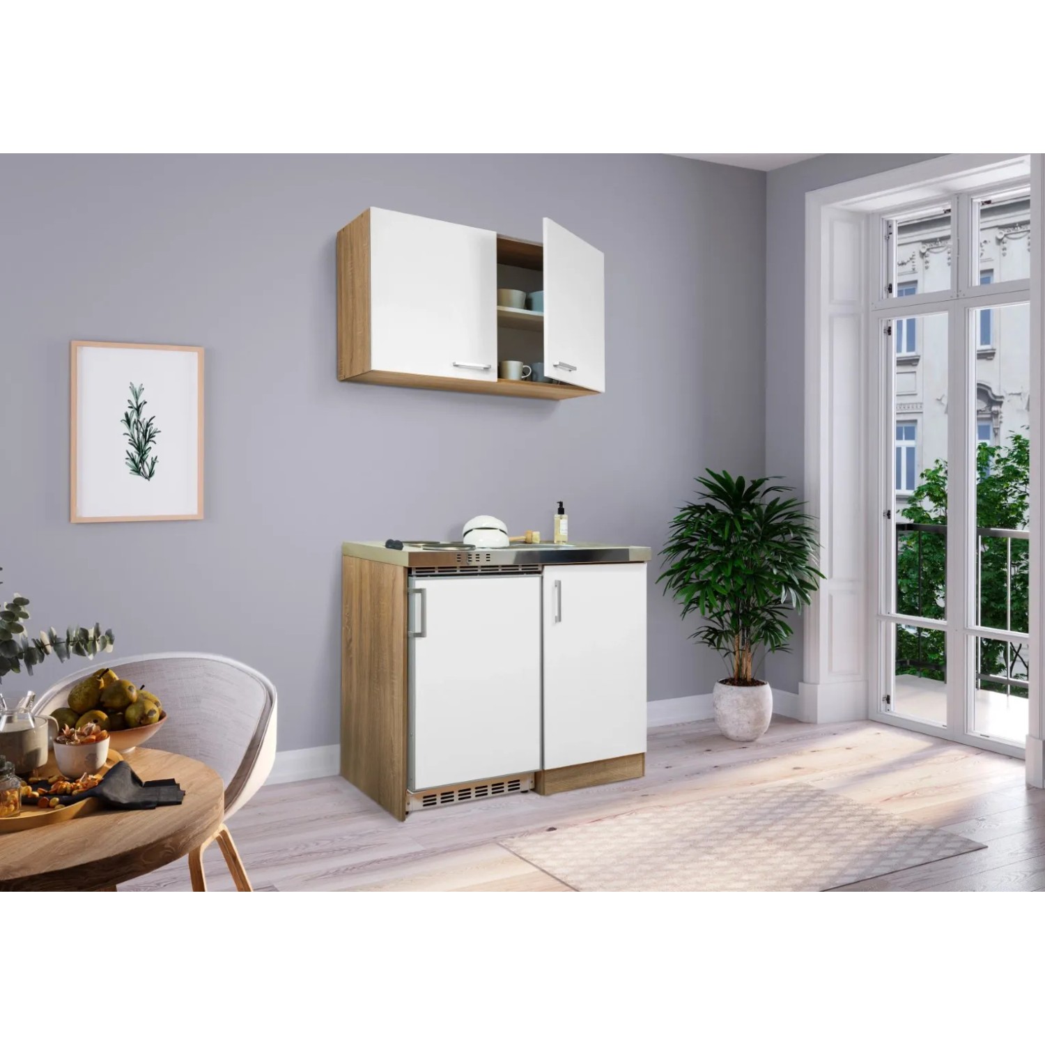 Respekta Miniküche MK100ESWOS, 100 cm, Weiß/Eiche Sägerau Nachbildung mit Kühlschrank und 2-Platten-Kochmulde.