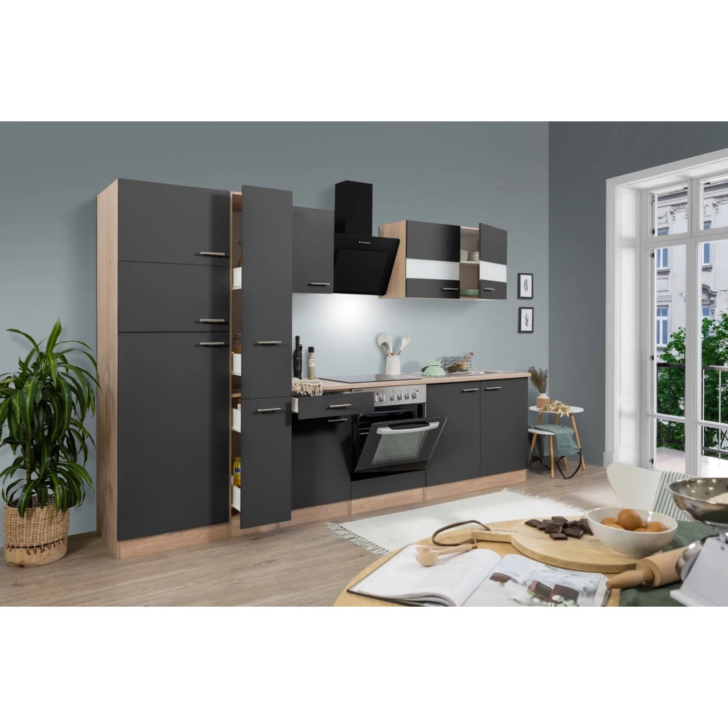 Respekta Küchenzeile KB300ESGCGKE, 300 cm, Grau-Eiche Sägerau Nachbildung mit E-Geräten.