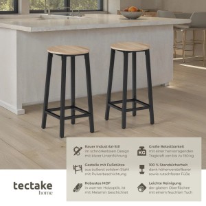 Tectake Set Barhocker Corby Industrial Style Holz und Stahl  32 x 32 x 66 cm Industrial Holz Hell  Eiche Sonoma