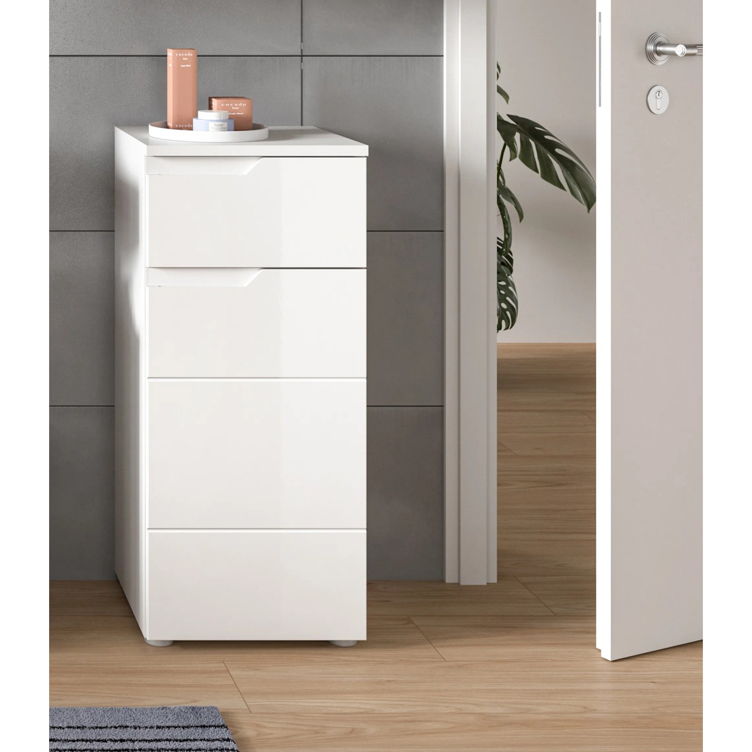 Standschrank Solero, weiß hochglanz, 87x38x34 cm, Bad-Standregal mit Schublade und Tür.