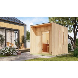 Karibu Saunahaus Rapallo aus naturbelassener Fichte, 219,5x287,5cm, mit Glastür und Fenster.