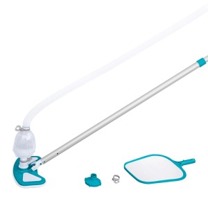 Bestway Poolpflege Set mit türkis-weißem Poolsauger, Kescher und silberner Teleskopstange für die Poolreinigung.
