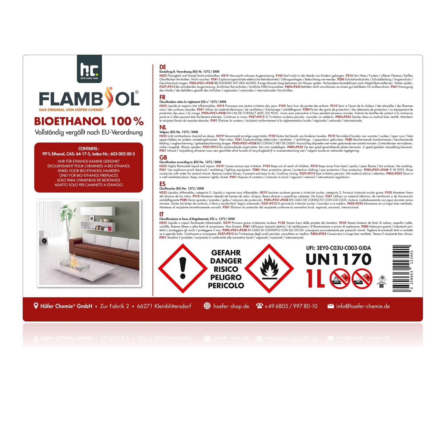 Flasche Flambiol Bioethanol 100% für Edelstahl-Tischkamine, 1 Liter.