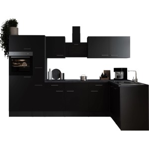 Respekta Winkelküche Oliver 310 cm Schwarz mit E-Geräten und Spüle in moderner Optik.