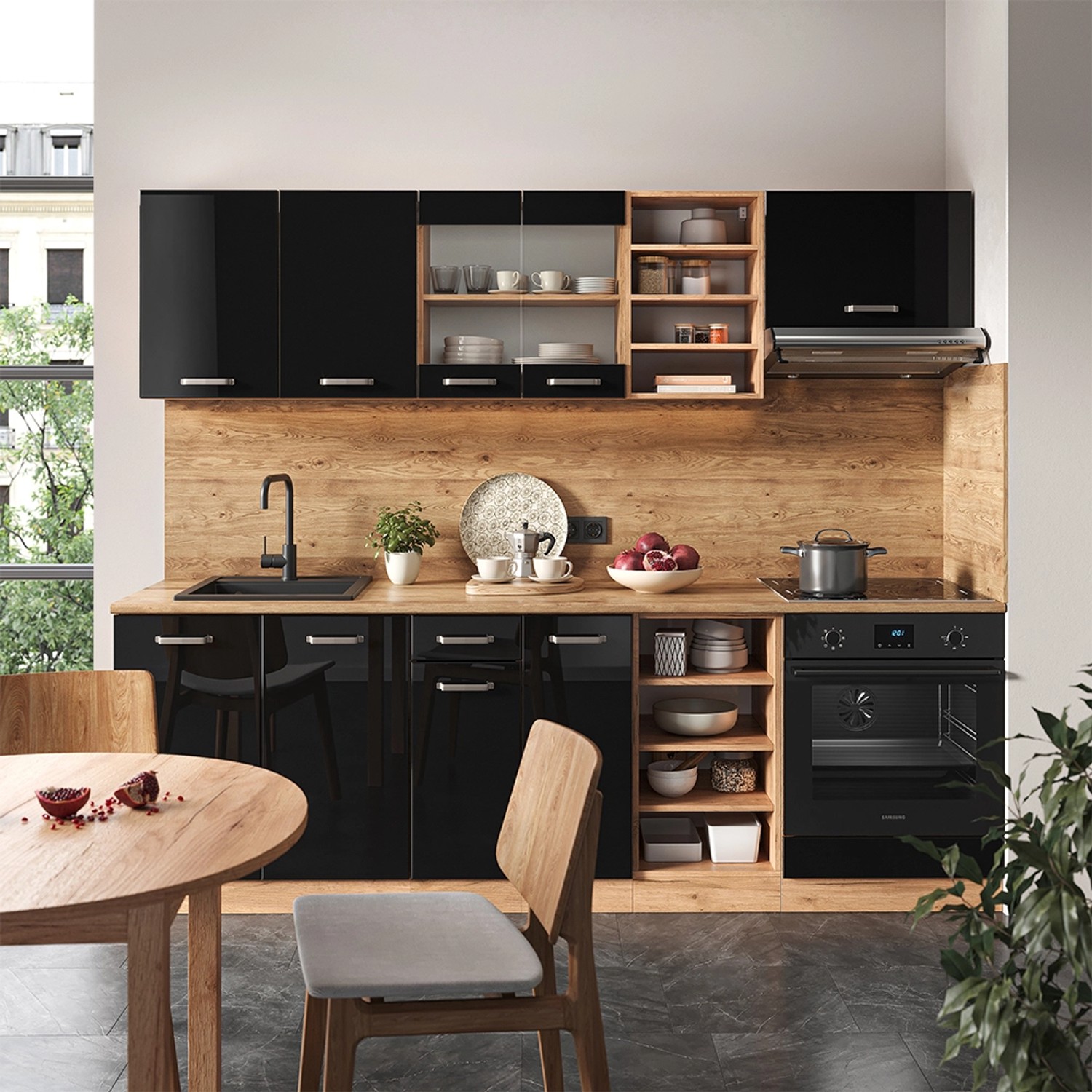 Moderne Vicco Küchenzeile in Schwarz Hochglanz und Eiche mit anthrazitfarbener Arbeitsplatte.