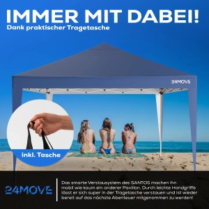 Blauer 24MOVE Pavillon 3x3m mit UV-Schutz und Tragetasche am Strand.