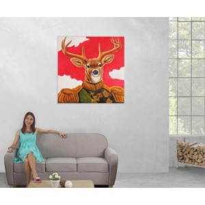 Handgemaltes Ölgemälde Hirsch in Uniform, abstrakt, auf Leinwand. Dekoratives Wandbild für Wohnzimmer.