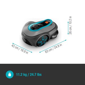 Gardena Mähroboter Sileno Smart Free 600: Grauer Rasenmäher-Roboter mit blauen Akzenten und Größenangaben.
