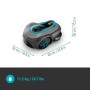 Gardena Mähroboter Sileno Smart Free 600: Grauer Rasenmäher-Roboter mit blauen Akzenten und Größenangaben.
