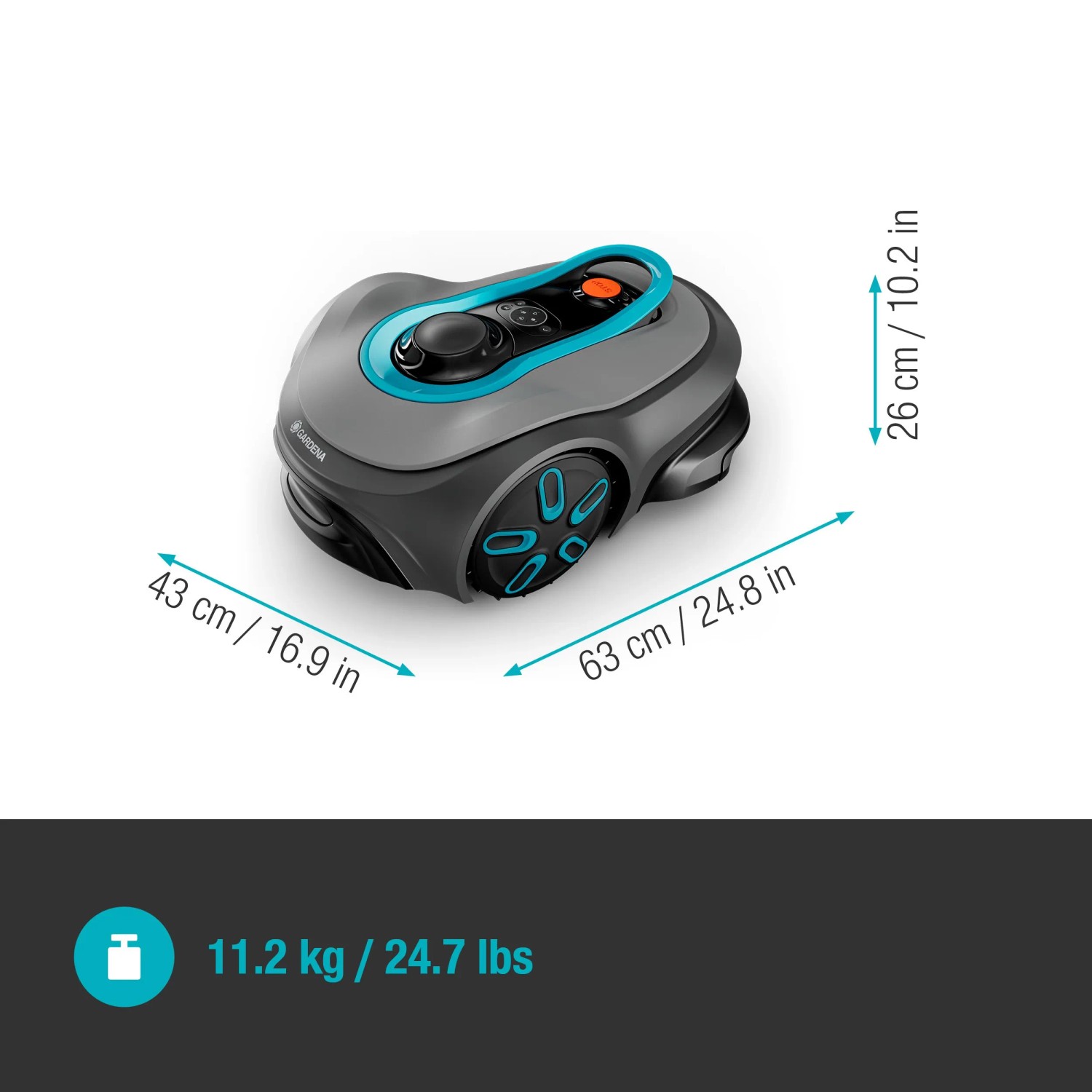 Gardena Mähroboter Sileno Smart Free 600: Grauer Rasenmäher-Roboter mit blauen Akzenten und Größenangaben.
