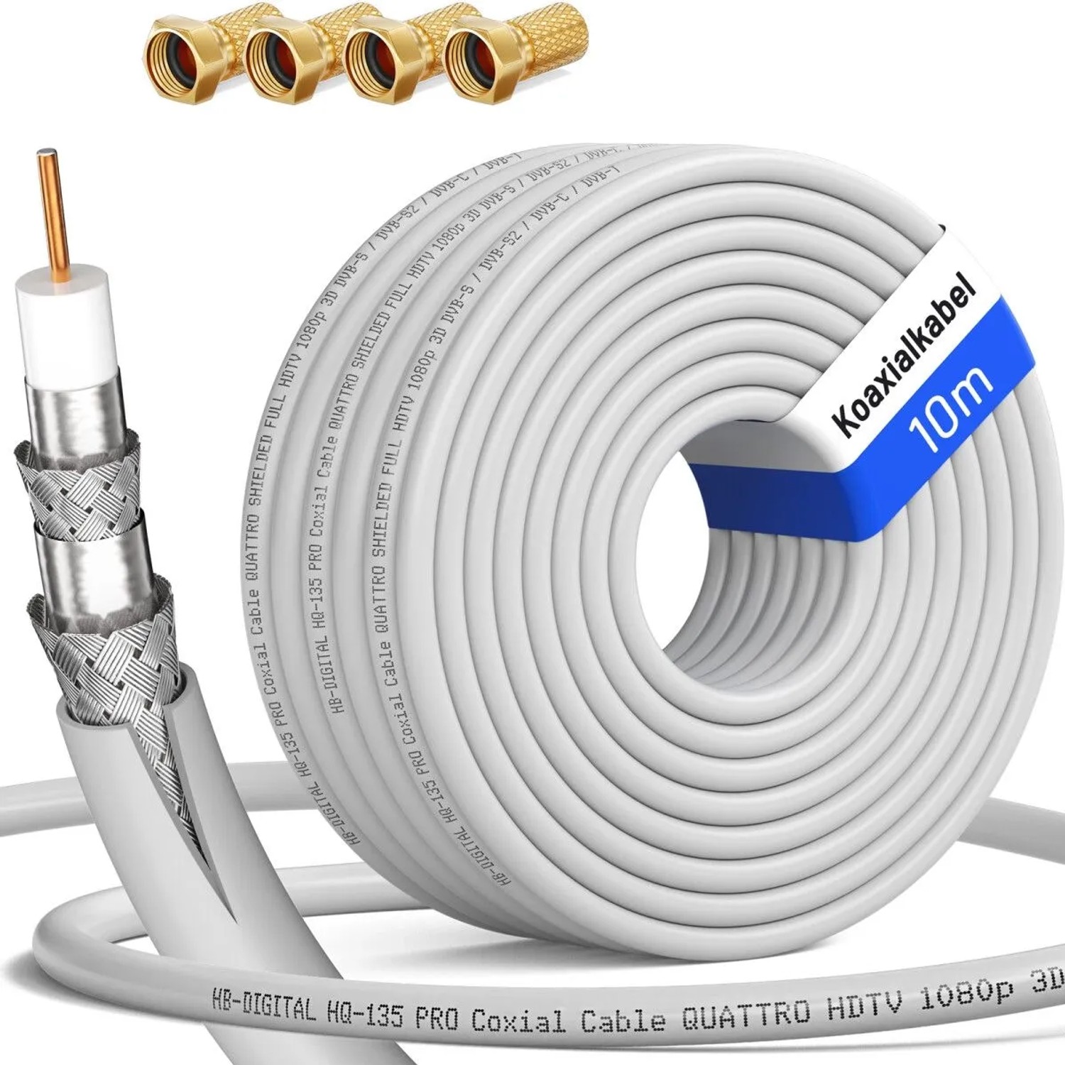 hb-digital Koaxialkabel 10m Weiß HQ 135dB 4-Fach Stahl Kupfer + 4 F-Stecker