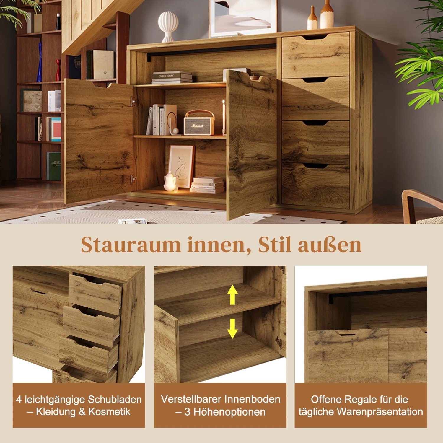 Merax Sideboard Eiche mit schwarzem Metallgestell, 4 Schubladen, Schrank und offenem Fach. Vielseitiger Wohnzimmerschrank.