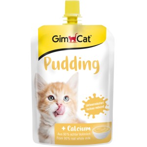 GimCat Katzen-Snack Pudding Classic, laktosereduziert, im 150g Quetschbeutel mit Katzenmotiv.