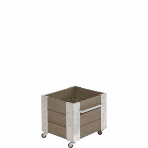 PLUS graubrauner Pflanzkasten mit Rädern, aus Holz mit Metallecken. Ideal für Balkon und Terrasse.