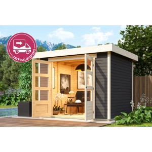 Modernes Karibu Gartenhaus Speedy B in Terragrau mit Flachdach, offenen Holztüren und gemütlichem Innenraum auf Holzterrasse.