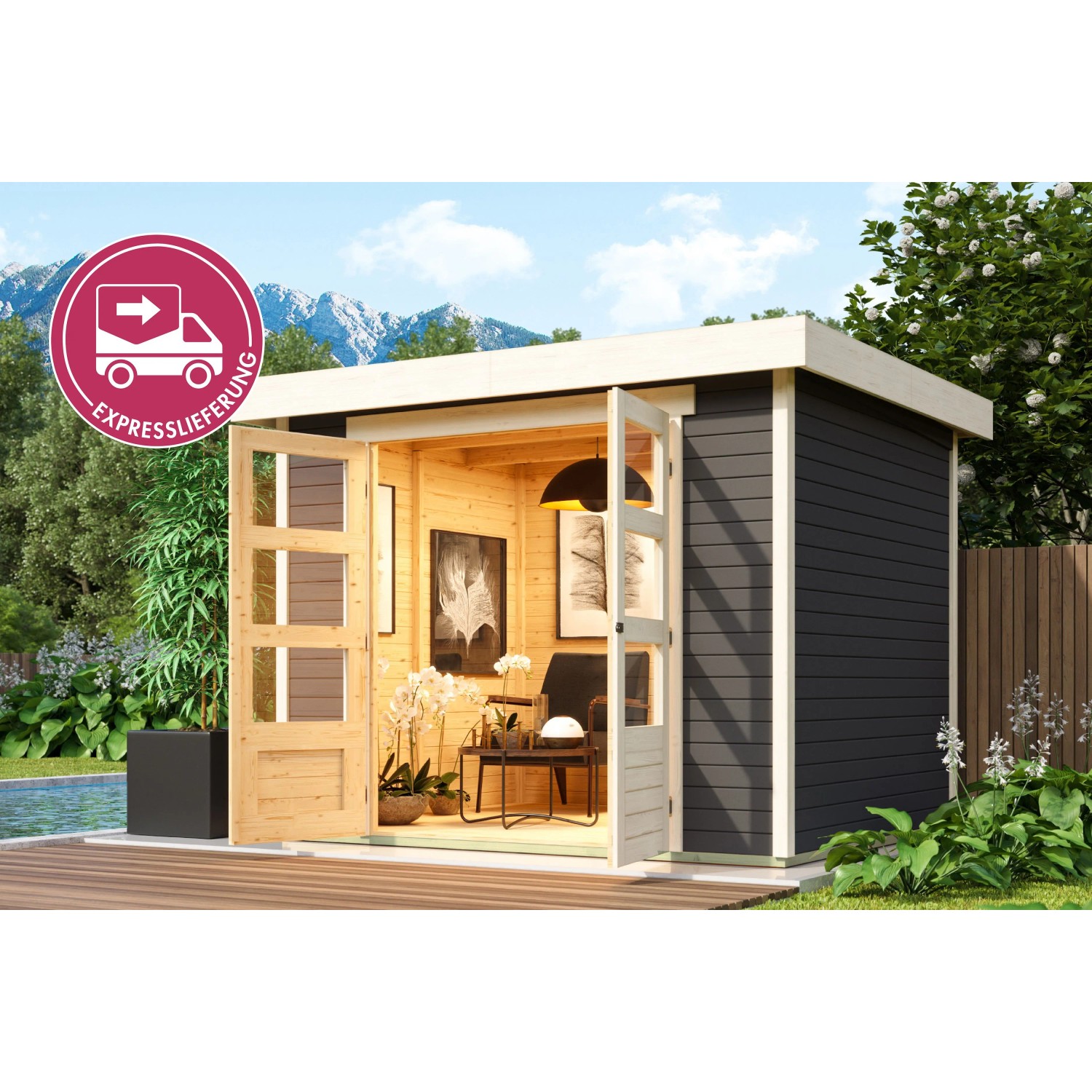 Karibu Express Gartenhaus Speedy B Terragrau 242 cm x 217 cm