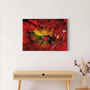 Abstraktes Leinwandbild in Rot und Gelb mit Blumenmotiv als Wanddekoration.