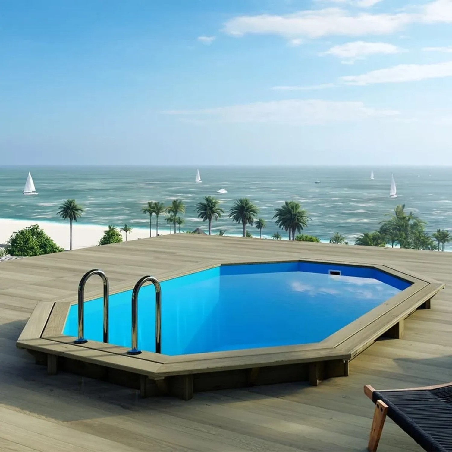 ALTANKA Holzpool Nemo 4,3x3 m mit Leiter auf Holzterrasse, im Hintergrund Meer und Palmen.
